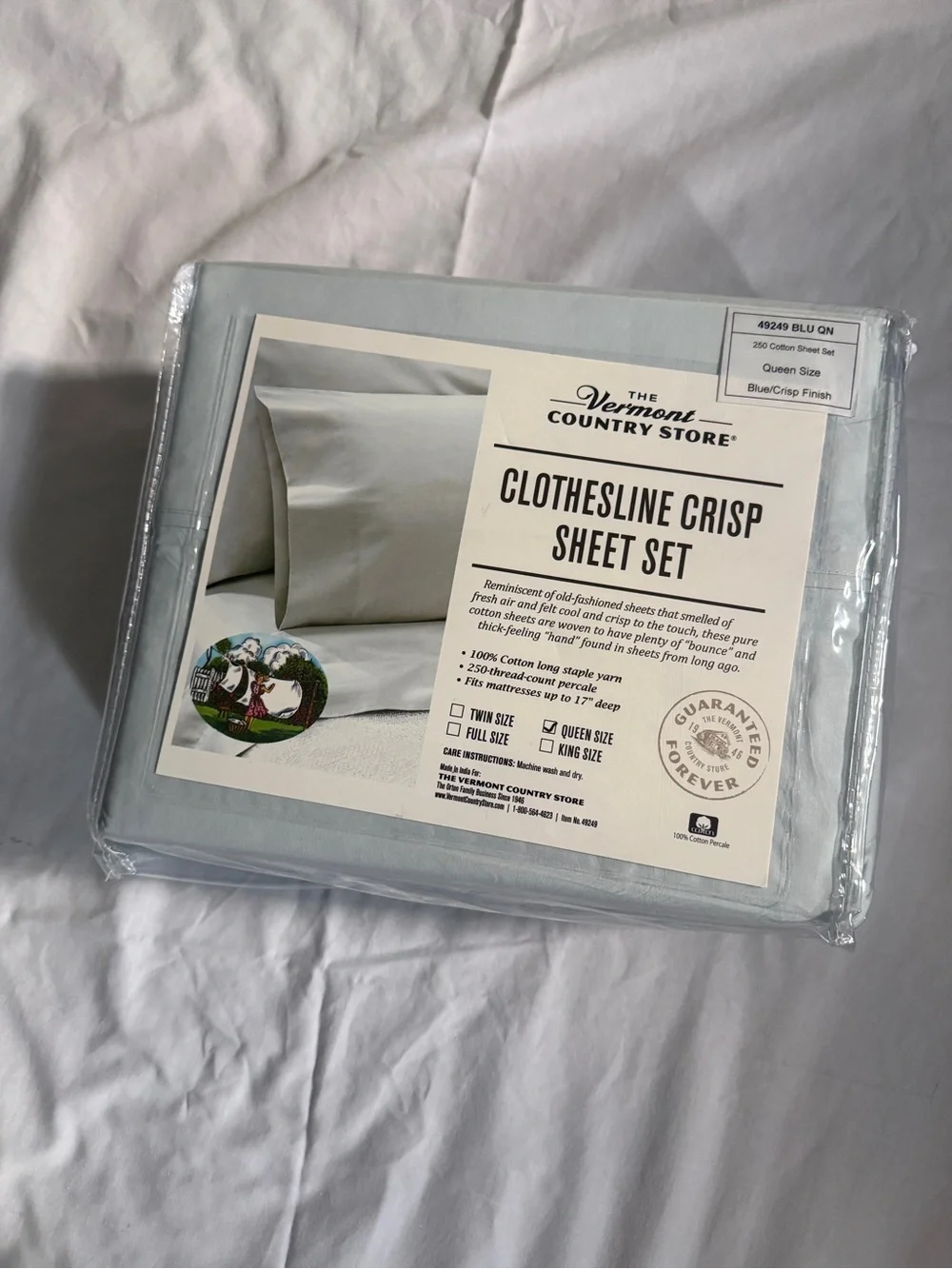 Vermont Country Store Clothesline Crisp Sheet Set - Light Blue/Gray